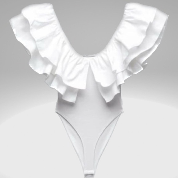 Zara NWOT White Poplin Ruffles Cotton Ribbed Bodysuit - Picture 4 of 4